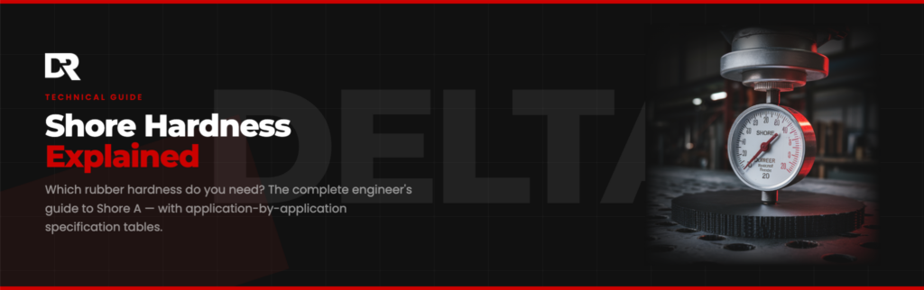 Hero image featuring Shore A durometer testing rubber sheet hardness to ISO 7619-1 standard