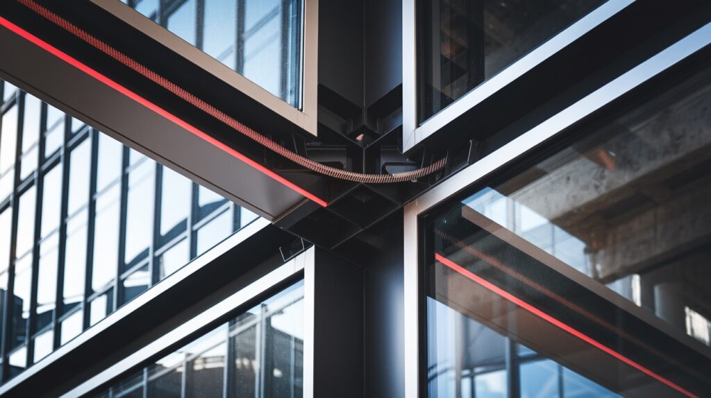 Black EPDM rubber weatherstrip seal compressed in an aluminium curtain wall glazing frame