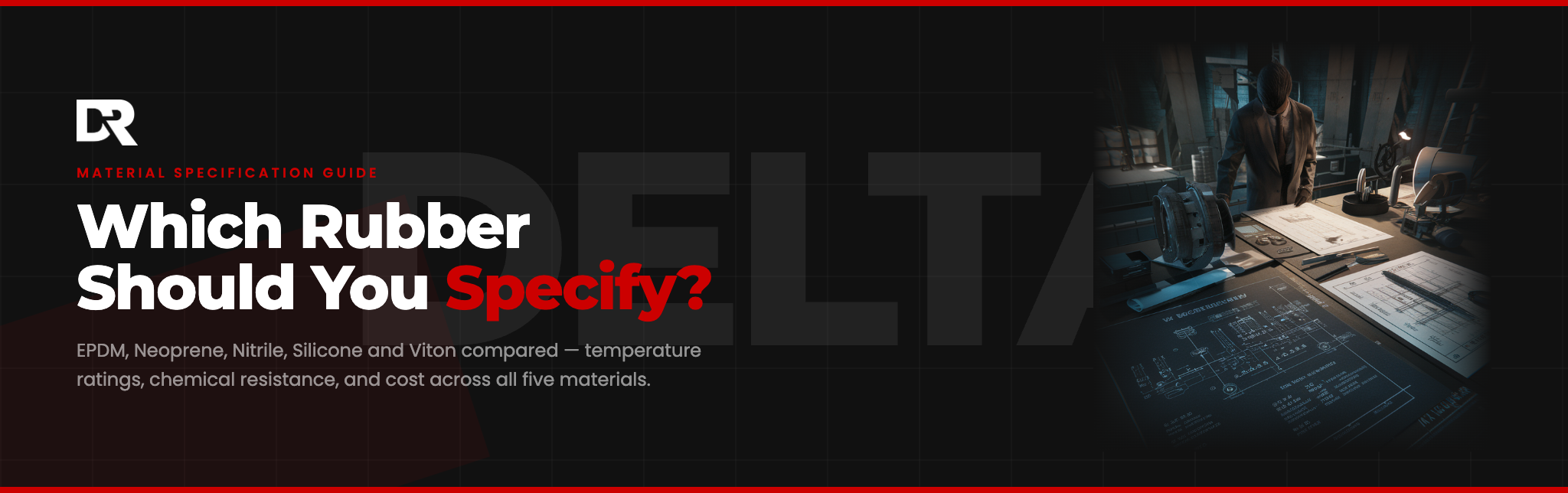 Engineer reviewing rubber material specification documents at an industrial design desk