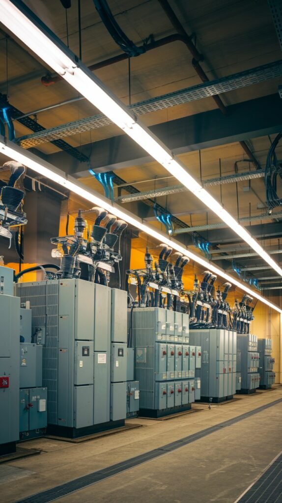 Interior of a high-voltage electrical substation with rows of switchgear panels and industrial electrical infrastructure