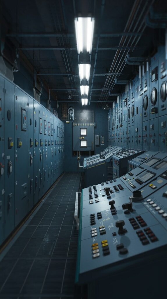 Power station control room with instrumentation panels and electrical monitoring equipment