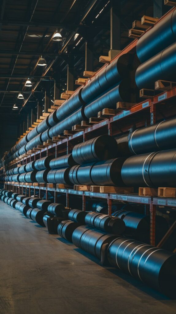 Rows of industrial rubber sheet rolls stacked in a UK warehouse, various compounds and thicknesses