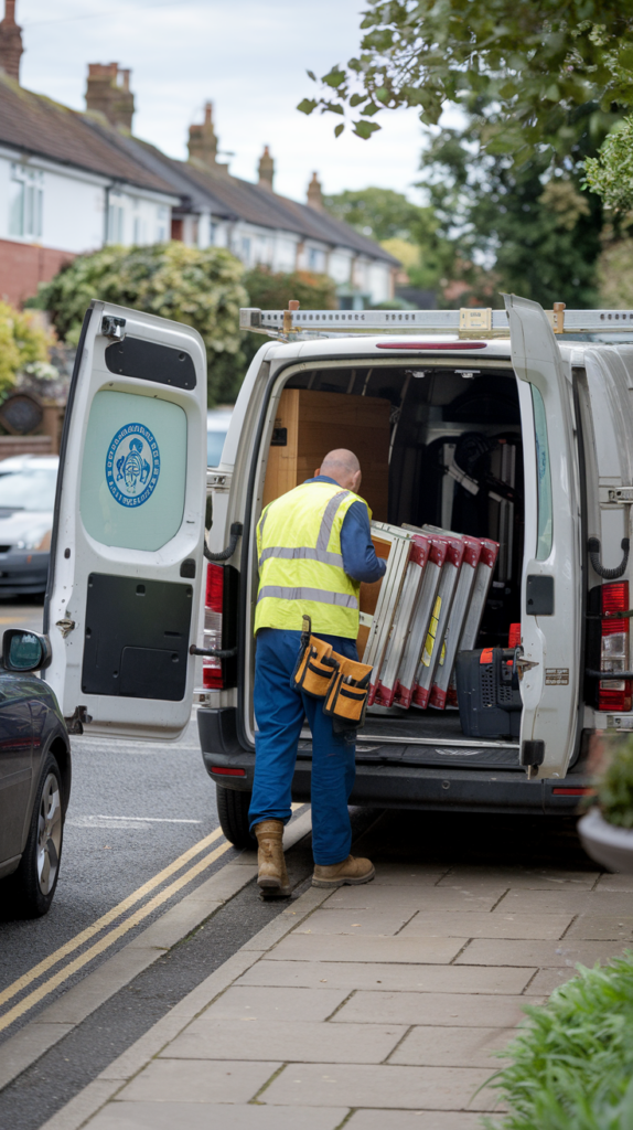 Tradesmen using rubber lining to protect van from damages