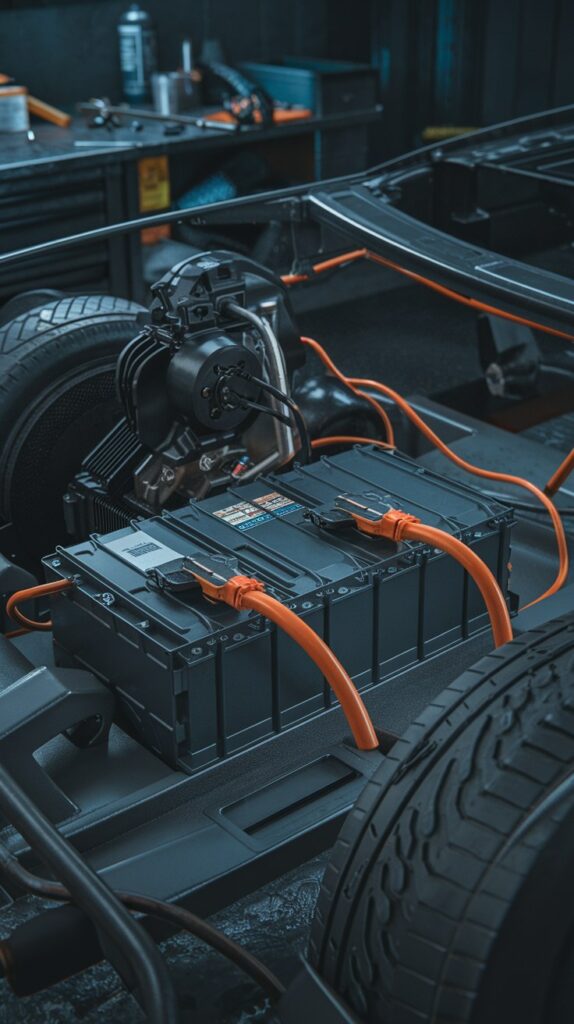 	Electric vehicle battery pack and electric motor with high voltage orange cables in an EV chassis