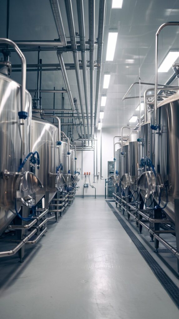 Modern dairy processing plant with large stainless steel tanks and hygienic pipework systems