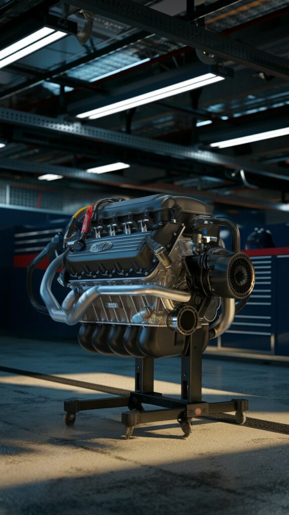 Motorsport racing engine in a pit garage showing high performance pipework and hose routing